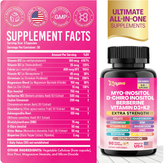 Suplemento para las hormonas-Myo-Inositol + D-Chiro Inositol + Berberina + Vitamina D3 + K2 – 90 Cápsulas